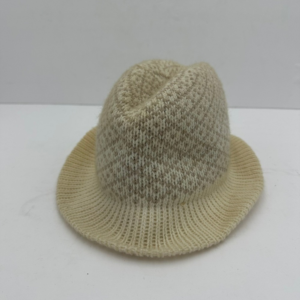 Vintage Hansen Knit Bucket Hat Chevron Pattern Satin Lined USA Made Beige
